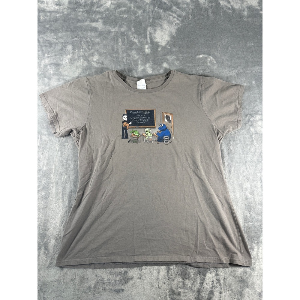 Anvil Remedial English Graphic Tee‎ Gray Star Trek Yoda Cookie Monster XL Ladies
